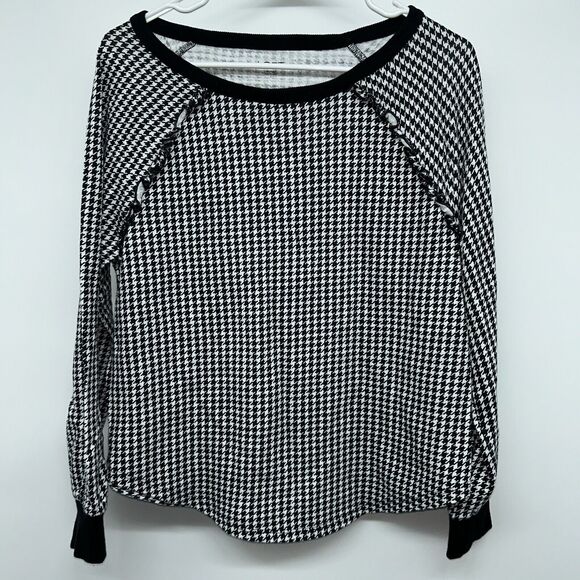 LOFT Thin Sweater Black & White Herringbone Pullover Top Size Small Long Sleeve - Picture 1 of 8